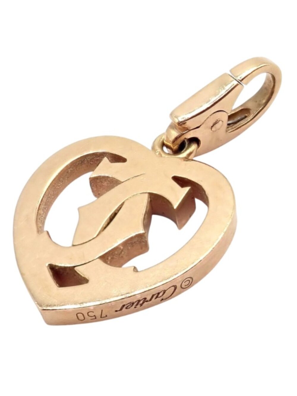 Authentic! Cartier 18k Rose Gold Double C Logo Heart Charm Pendant